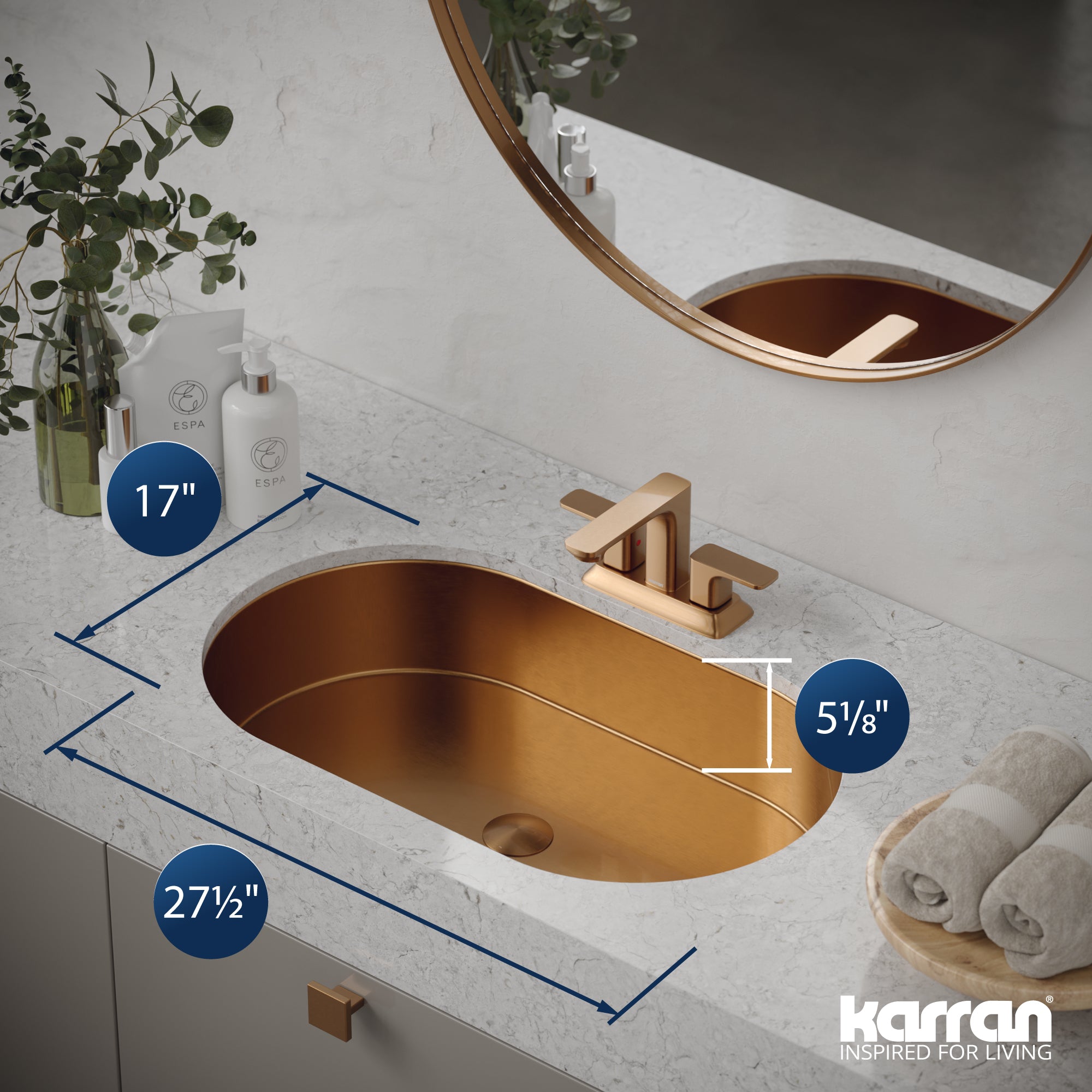 Karran Cinox 17" x 27.5" Oval Undermount Stainless Steel Bathroom Sink, Brushed Copper, 16 Gauge, CCU200BC