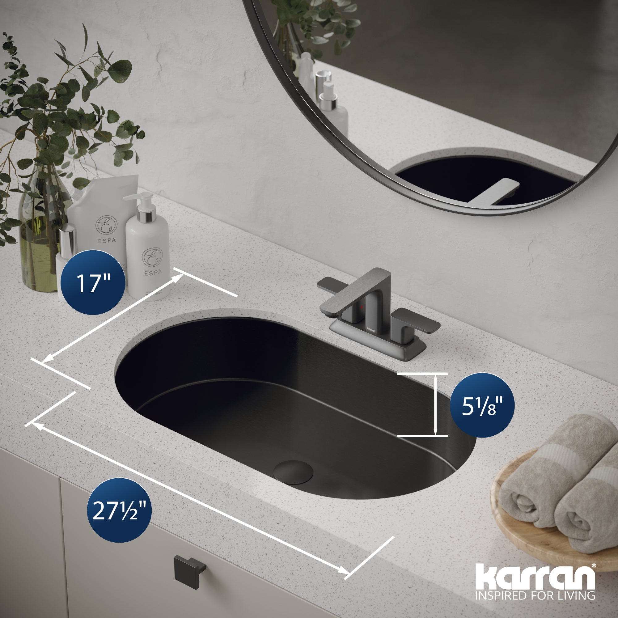 Karran Cinox 17" x 27.5" Oval Undermount Stainless Steel Bathroom Sink, Gunmetal Grey, 16 Gauge, CCU200GG
