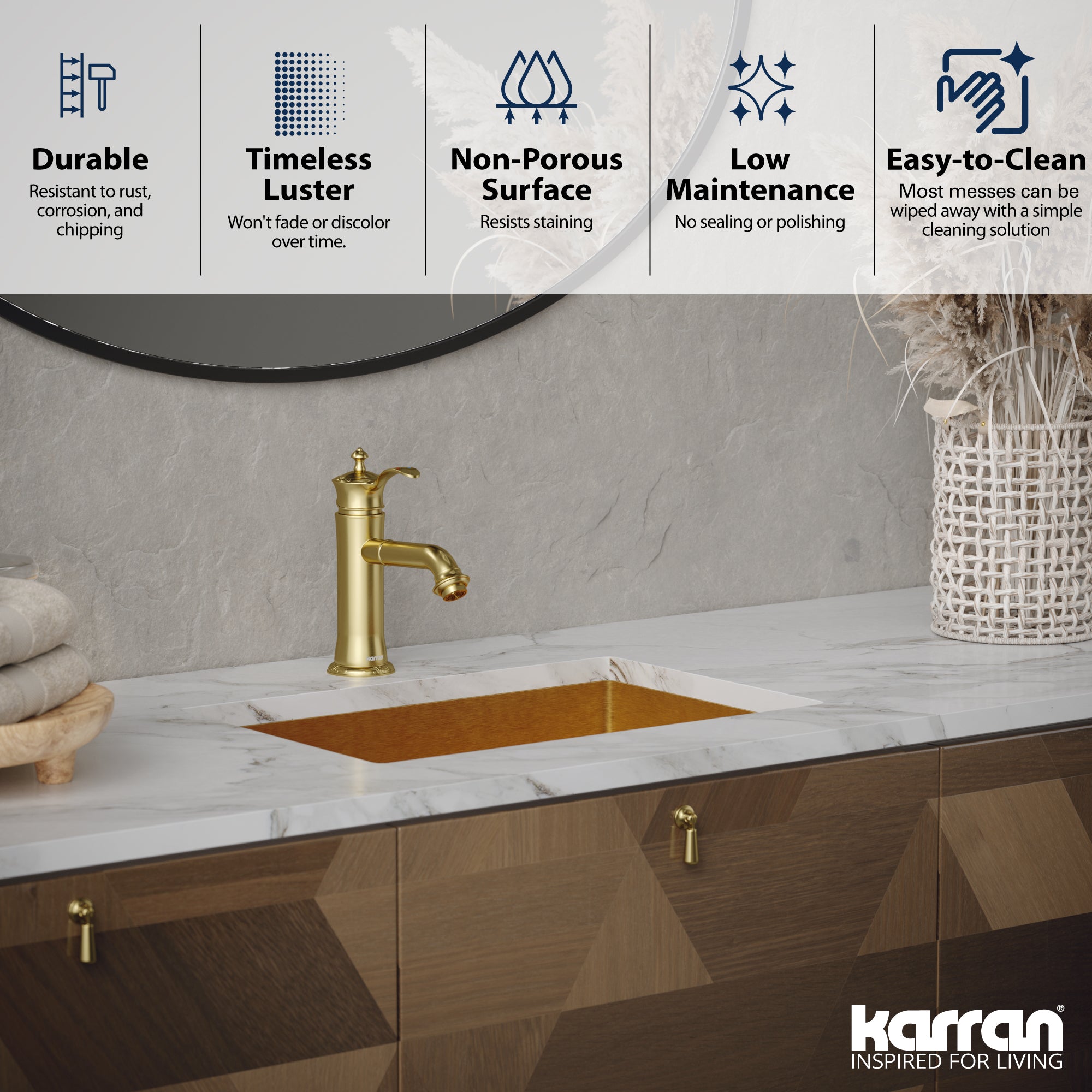 Karran Cinox 15" x 21.625" Rectangular Undermount Stainless Steel Bathroom Sink, Gold, 16 Gauge, CCU300G