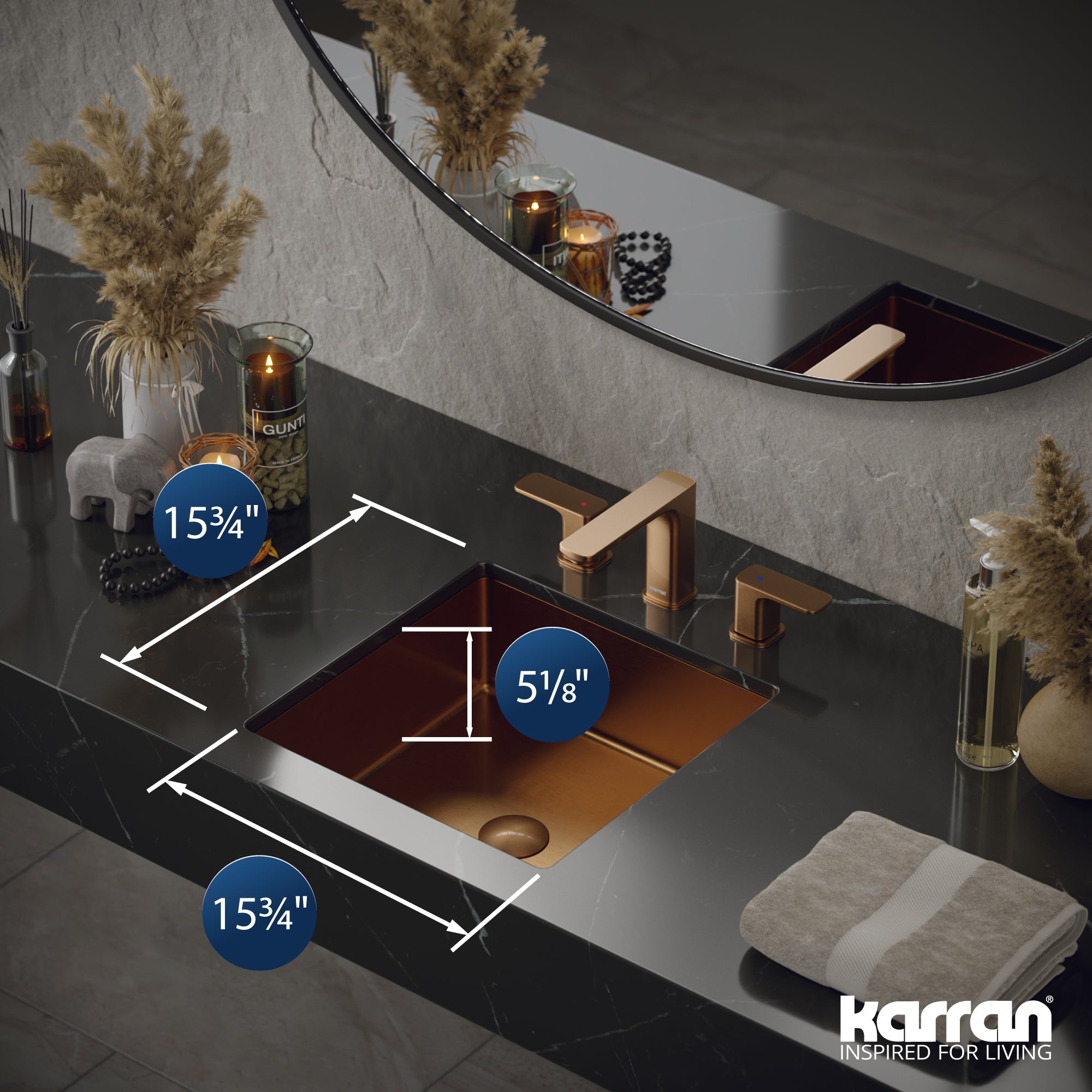 Karran Cinox 15.75" x 15.75" Square Undermount Stainless Steel Bathroom Sink, Brushed Copper, 16 Gauge, CCU500BC