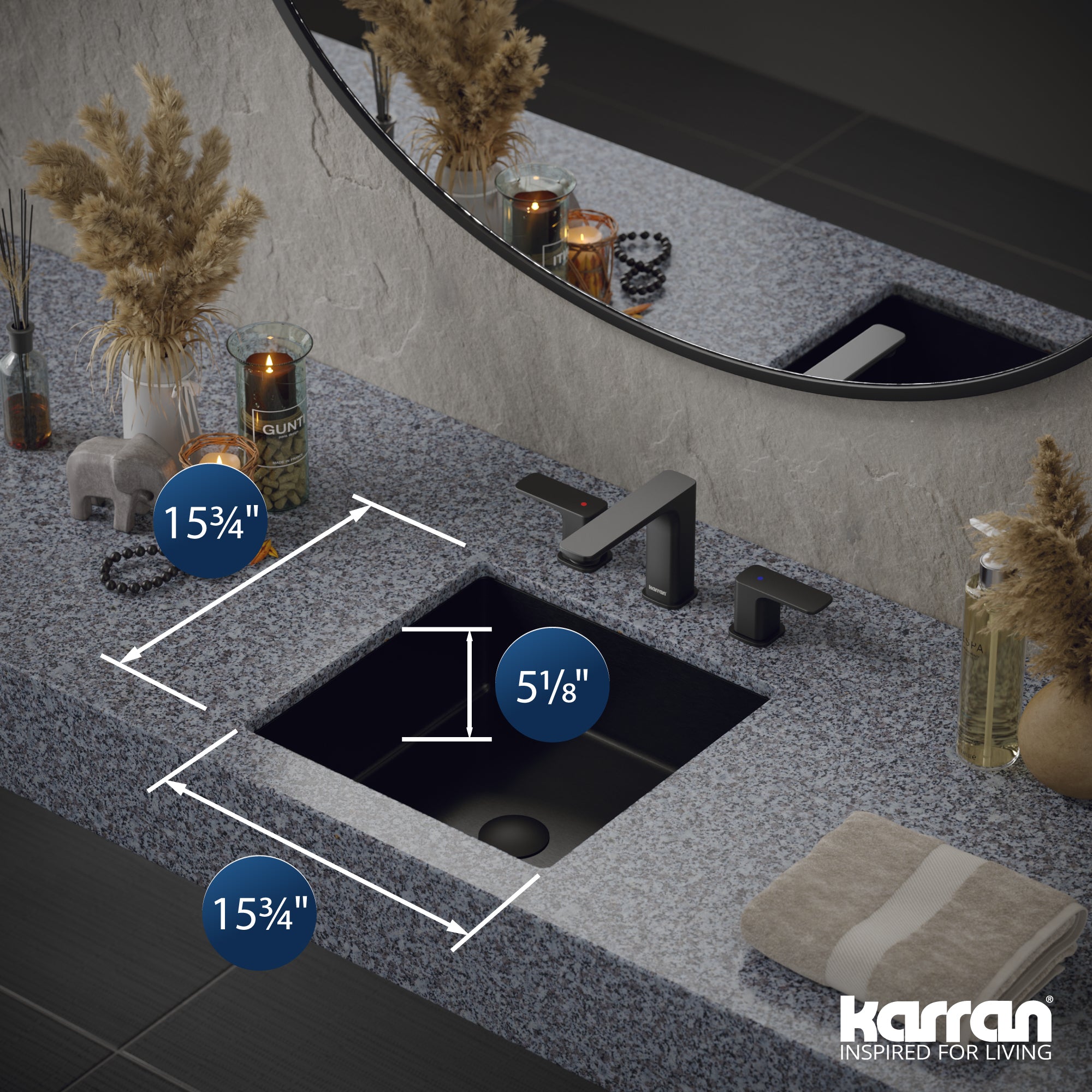 Karran Cinox 15.75" x 15.75" Square Undermount Stainless Steel Bathroom Sink, Gunmetal Grey, 16 Gauge, CCU500GG