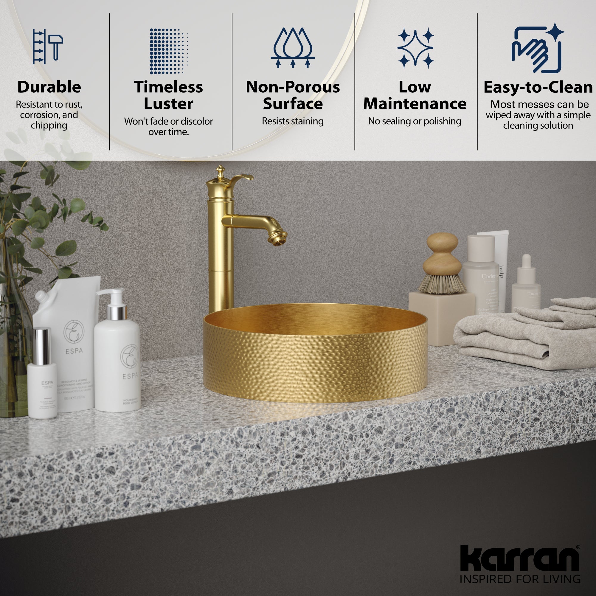 Karran Cinox 15" x 15" Round Vessel Stainless Steel Bathroom Sink, Gold, 16 Gauge, CCV100G