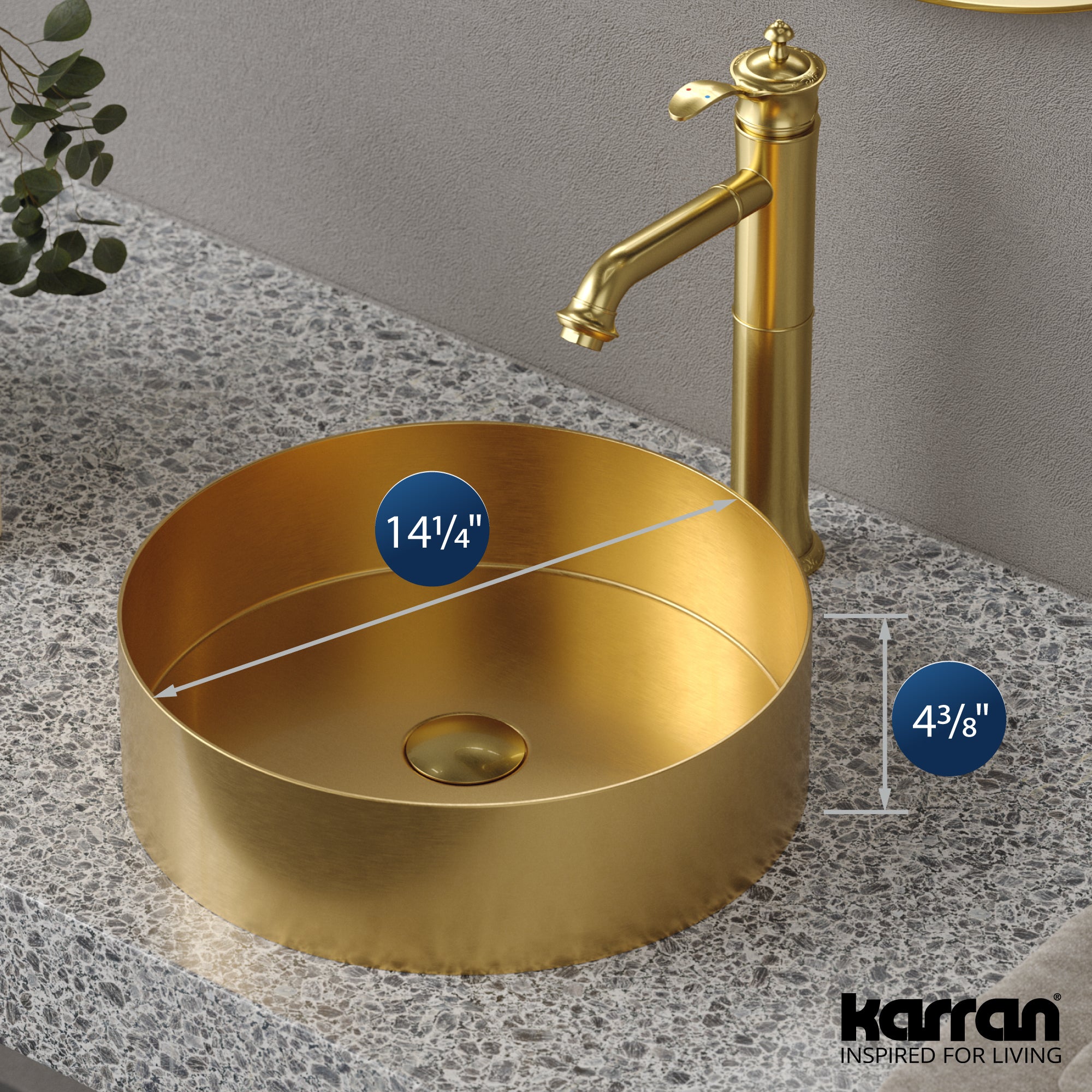 Karran Cinox 14.25" x 14.25" Round Vessel Stainless Steel Bathroom Sink, Gold, 16 Gauge, CCV200G