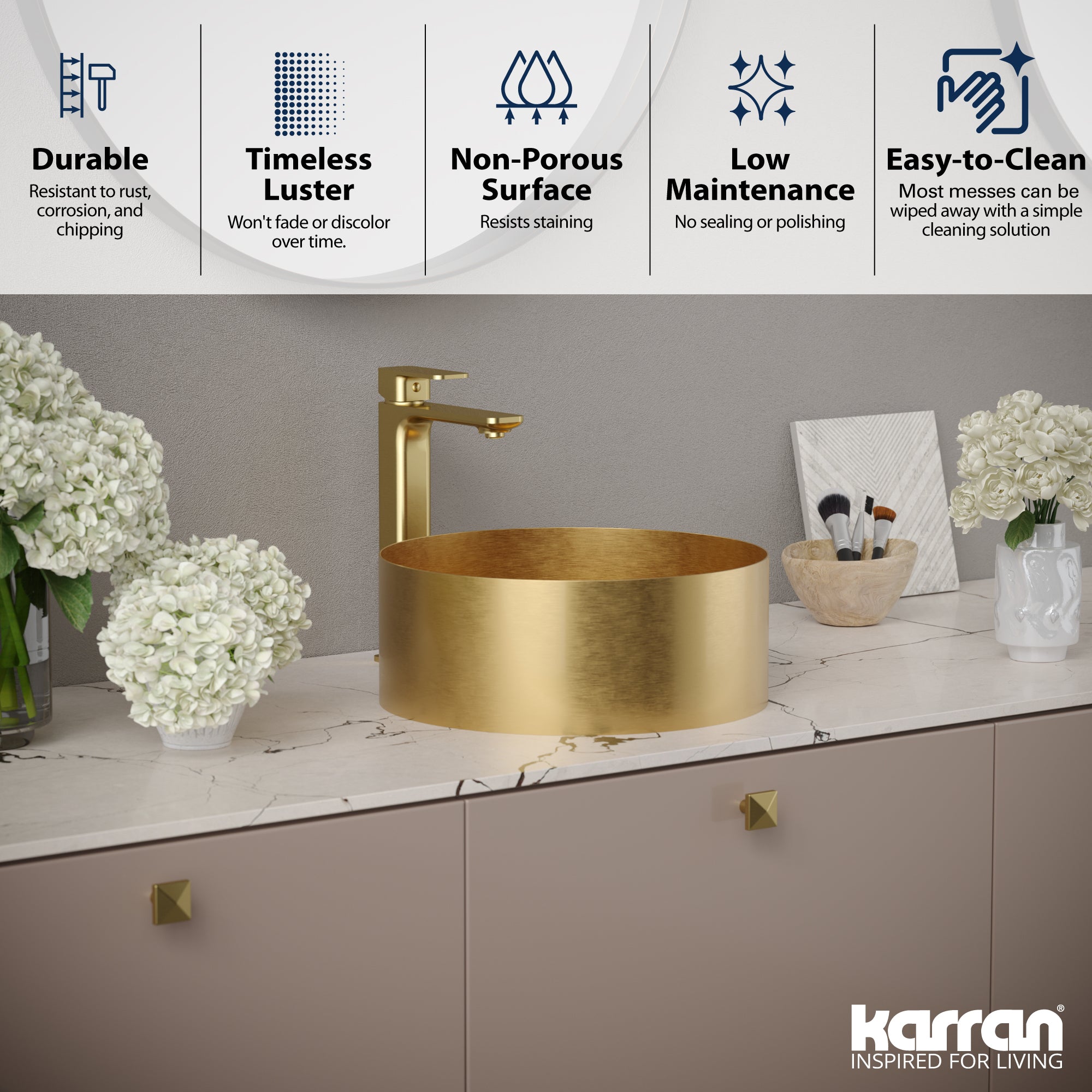 Karran Cinox 14.25" x 14.25" Round Vessel Stainless Steel Bathroom Sink, Gold, 16 Gauge, CCV200G