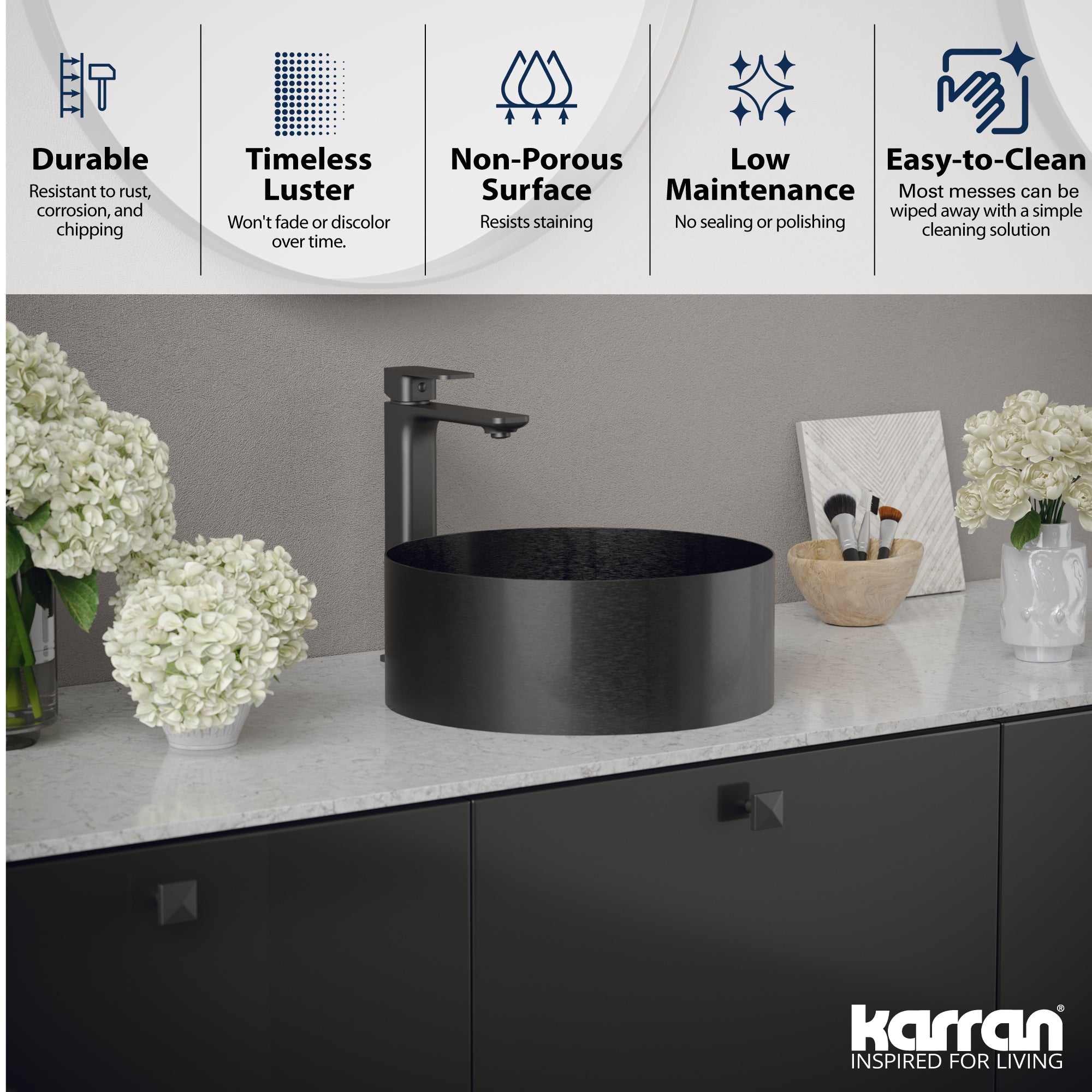 Karran Cinox 14.25" x 14.25" Round Vessel Stainless Steel Bathroom Sink, Gunmetal Grey, 16 Gauge, CCV200GG