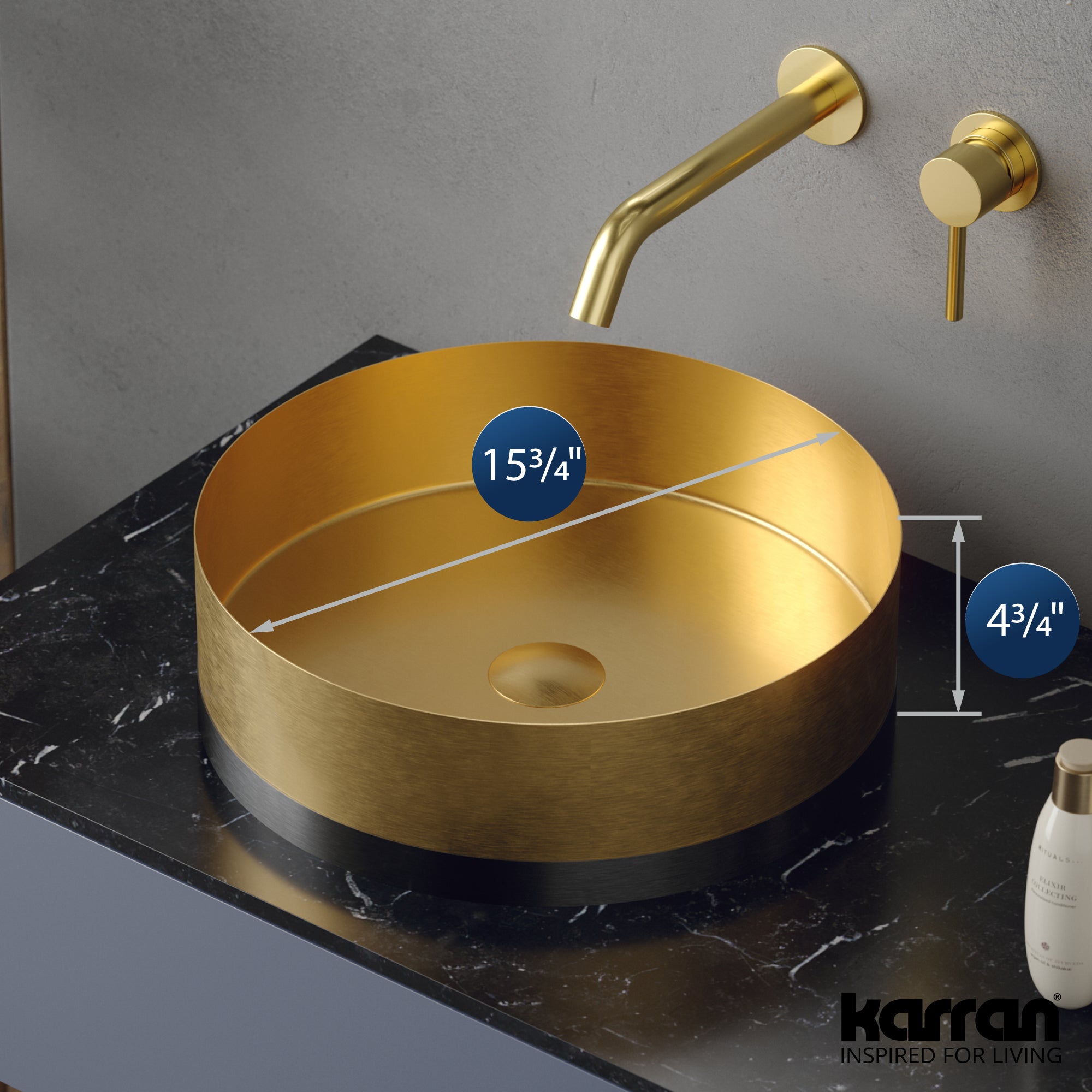 Karran Cinox 15.75" x 15.75" Round Vessel Stainless Steel Bathroom Sink, Gold and Gunmetal Grey, 16 Gauge, CCV300G