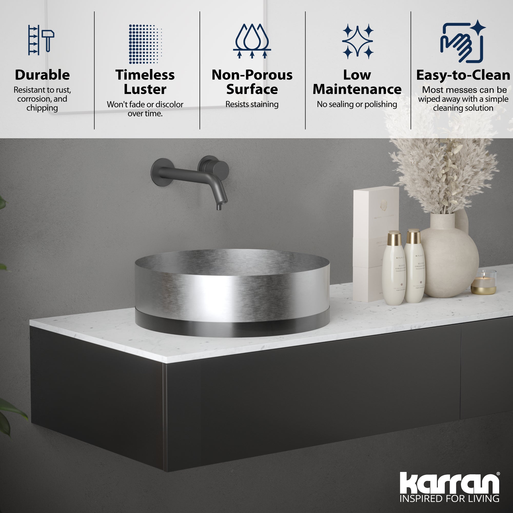 Karran Cinox 15.75" x 15.75" Round Vessel Stainless Steel Bathroom Sink, Stainless Steel and Gunmetal Grey, 16 Gauge, CCV300SS