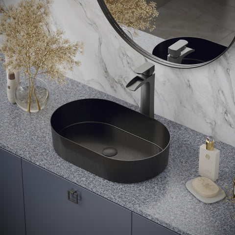 Karran Cinox 13.75" x 21.625" Oval Vessel Stainless Steel Bathroom Sink, Gunmetal Grey, 16 Gauge, CCV400GG