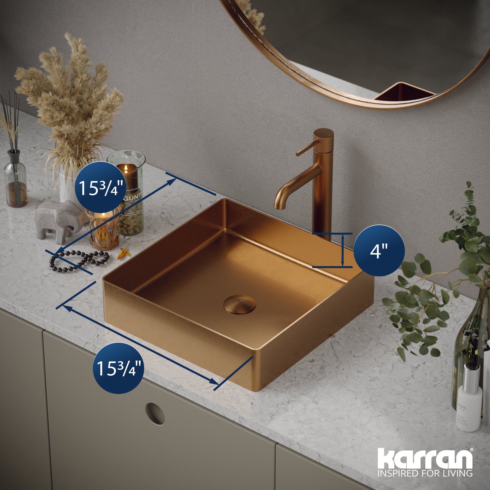 Karran Cinox 15.75" x 15.75" Square Vessel Stainless Steel Bathroom Sink, Brushed Copper, 16 Gauge, CCV500BC