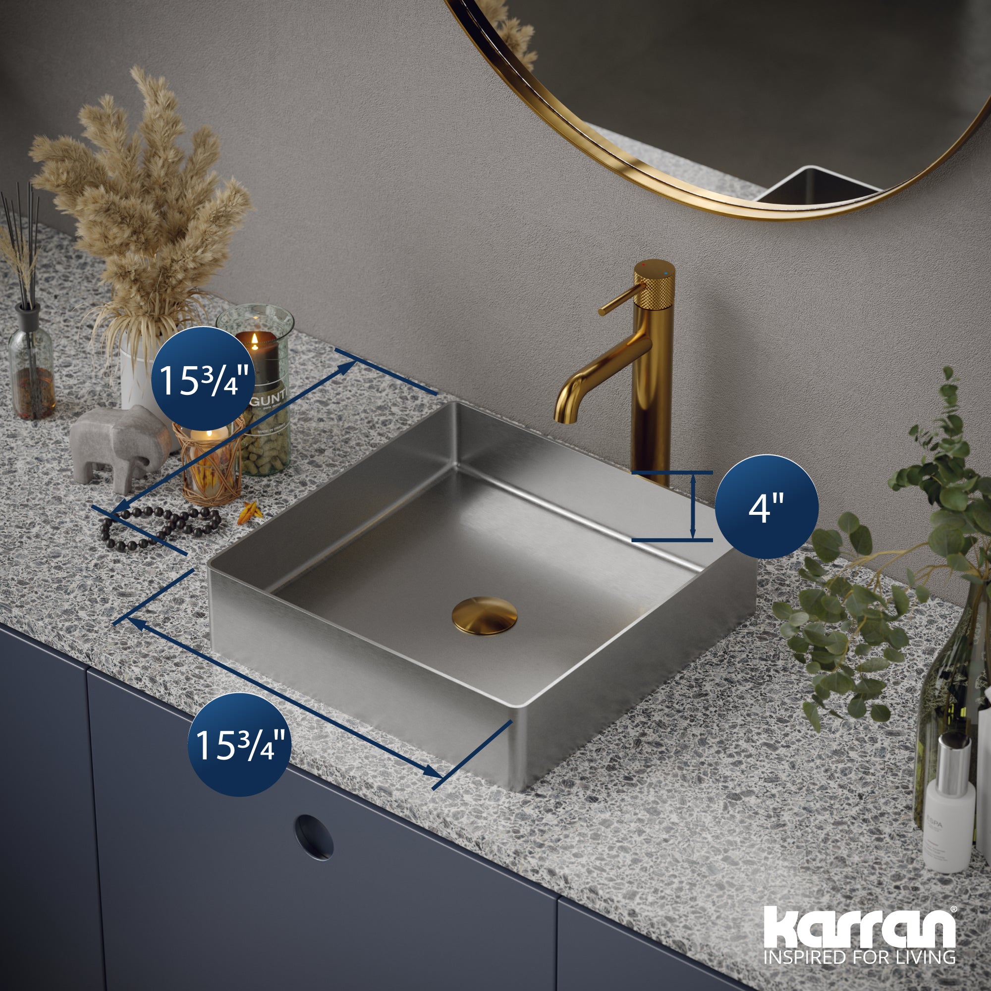 Karran Cinox 15.75" x 15.75" Square Vessel Stainless Steel Bathroom Sink, 16 Gauge, CCV500SS
