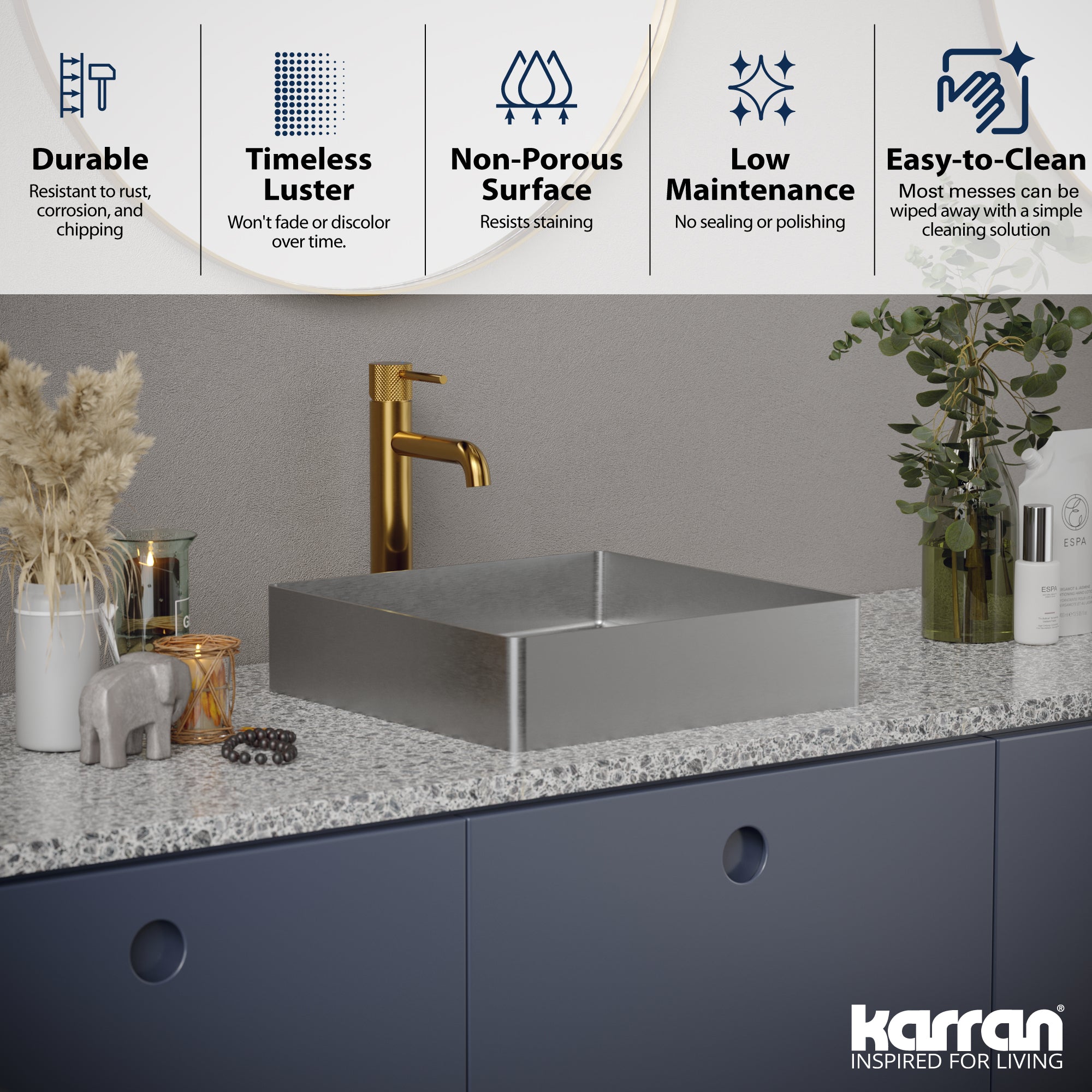 Karran Cinox 15.75" x 15.75" Square Vessel Stainless Steel Bathroom Sink, 16 Gauge, CCV500SS