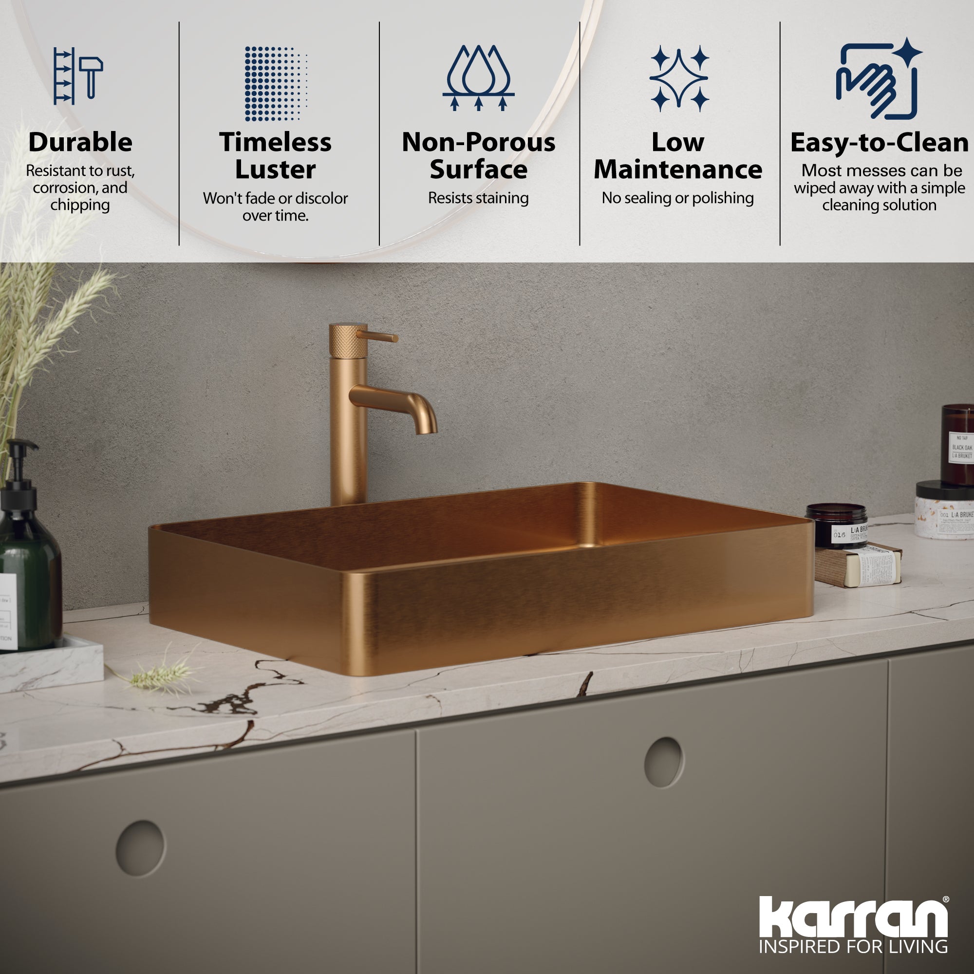 Karran Cinox 15.75" x 23.625" Rectangular Vessel Stainless Steel Bathroom Sink, Brushed Copper, 16 Gauge, CCV600BC