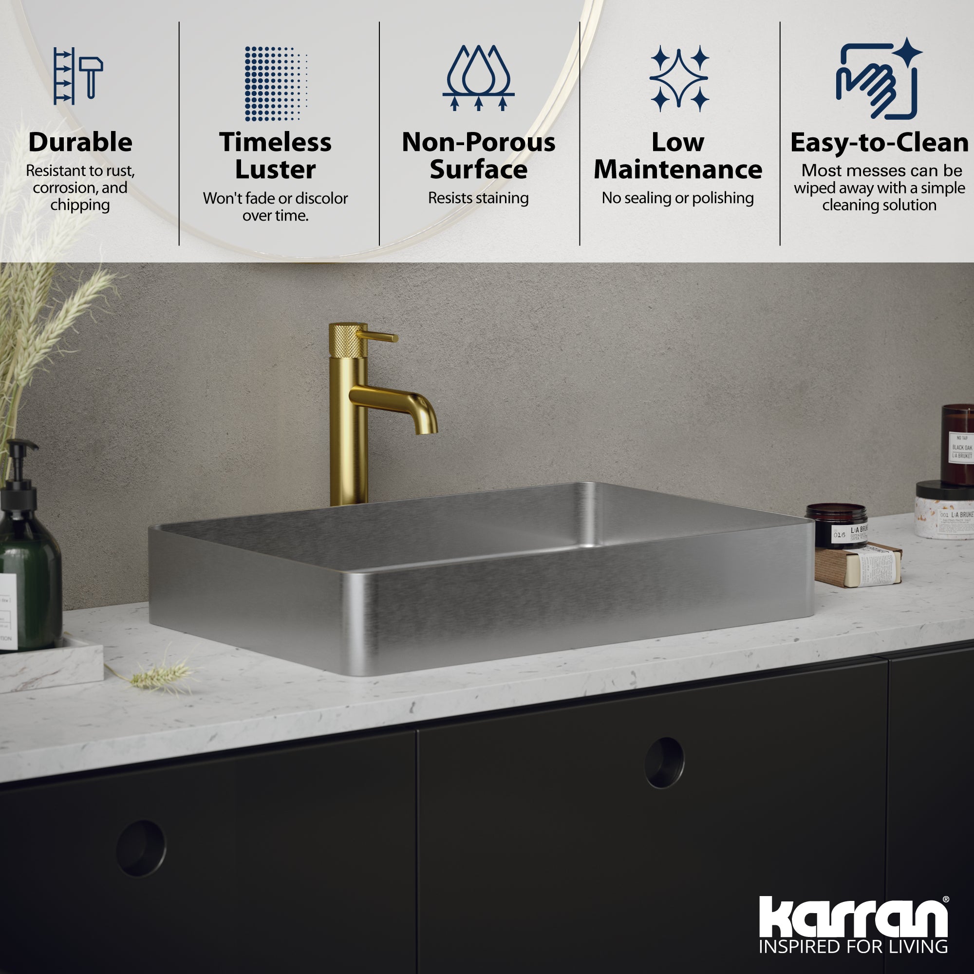 Karran Cinox 15.75" x 23.625" Rectangular Vessel Stainless Steel Bathroom Sink, 16 Gauge, CCV600SS