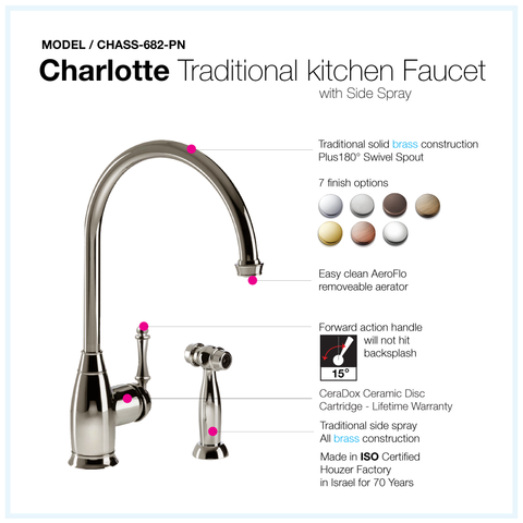 Houzer 1.75 GPM Charlotte Series Polished Nickel Solid Brass Single Handle Kitchen Faucet with Sidespray - CHASS-682-PN