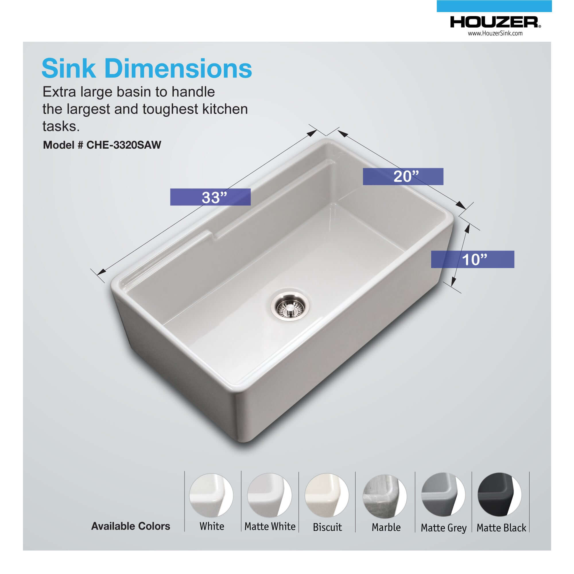 HamatUSA by Houzer Chelsea 33" Apron-Front Split-Level Workstation Single Bowl Fireclay Sink - White, CHE-3320SAW WH-C
