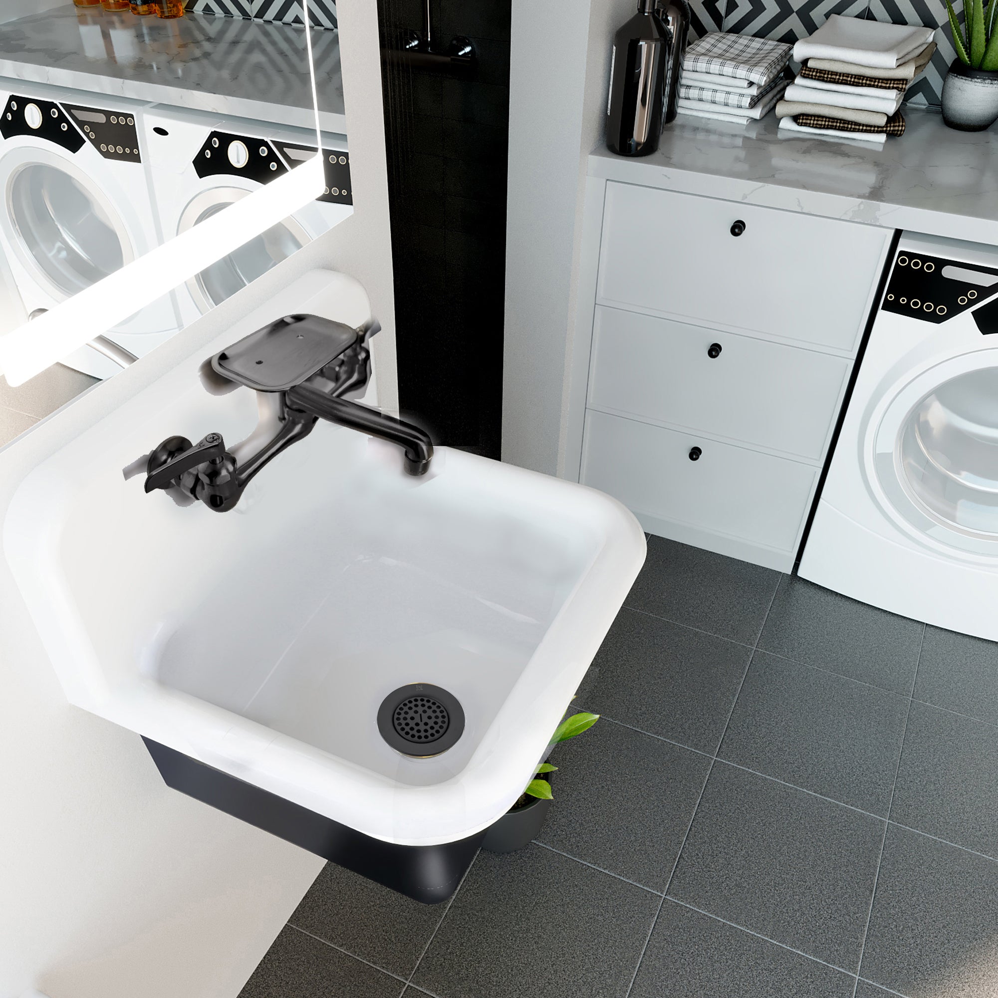 Nantucket Sinks Anchor 22" Wallmount Cast Iron Utility Sink with Accessories, White/Black, CI-2218-FBMBLSET