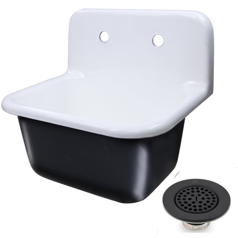 Nantucket Sinks Anchor 22" Wallmount Cast Iron Utility Sink with Accessories, White/Black, CI-2218-FBMBLSET