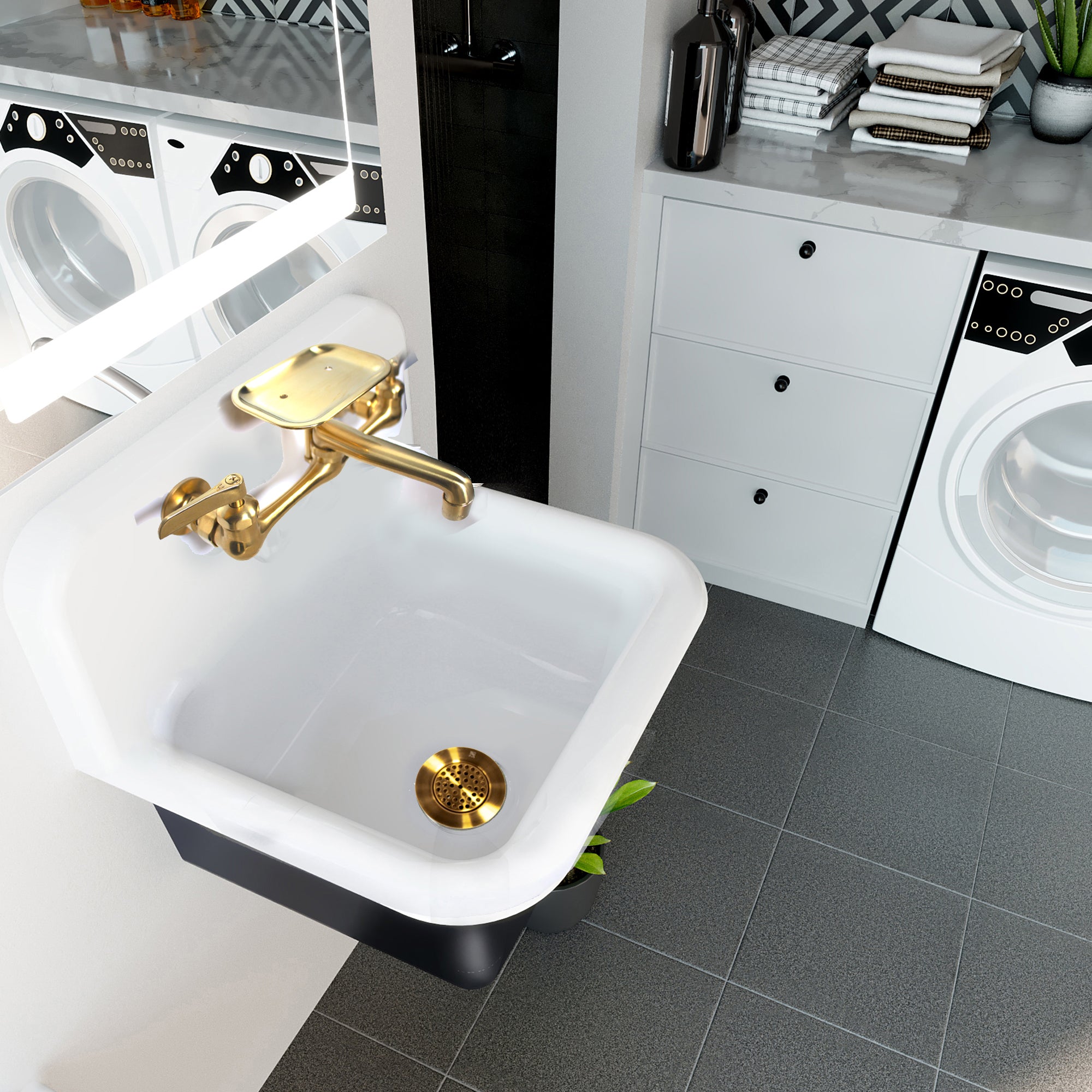 Nantucket Sinks Anchor 22" Wallmount Cast Iron Utility Sink with Accessories, White/Black, CI-2218-FBSBSET