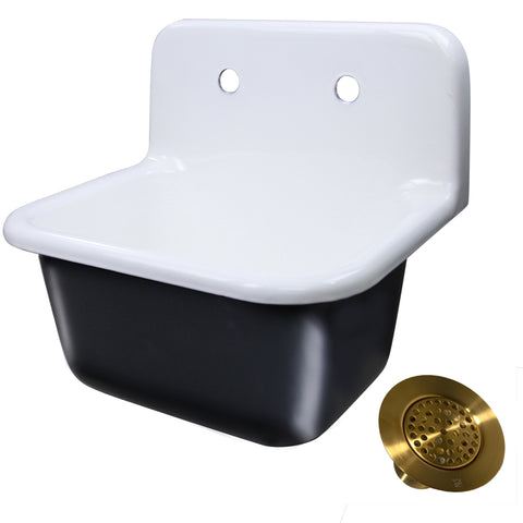 Nantucket Sinks Anchor 22" Wallmount Cast Iron Utility Sink with Accessories, White/Black, CI-2218-FBSBSET