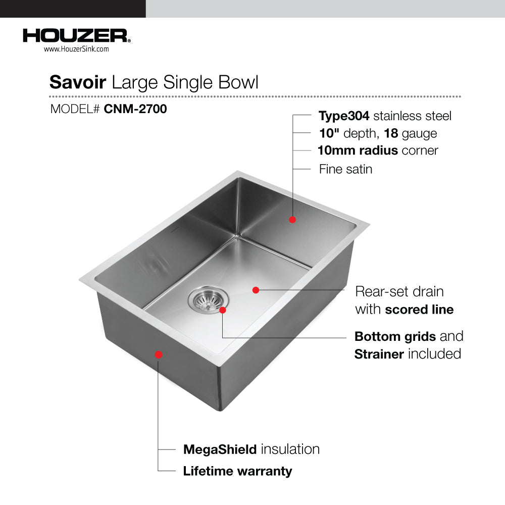 Houzer Savior 27 inch Stainless Steel Undermount Single Bowl Kitchen Sink with Strainer & Grid - 18 Gauge, CNM-2700
