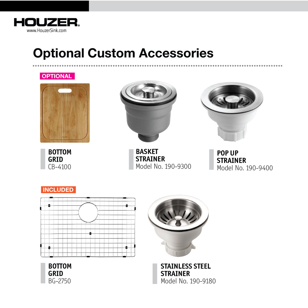 Houzer Savior 27 inch Stainless Steel Undermount Single Bowl Kitchen Sink with Strainer & Grid - 18 Gauge, CNM-2700