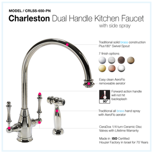 Alternate Image for Houzer 1.75 GPM Charleston Series Polished Nickel Dual Handle Kitchen Faucet with Sidespray - Brass, CRLSS-650-PN