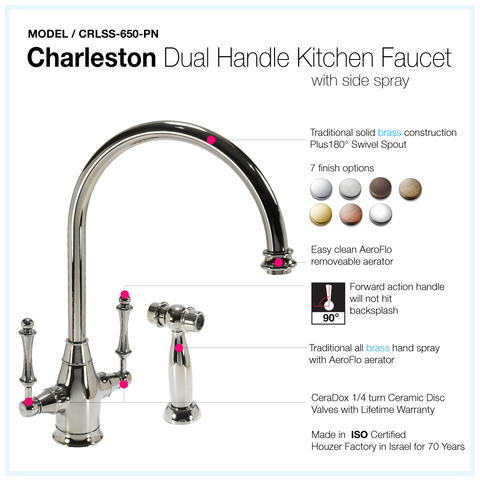 Houzer 1.75 GPM Charleston Series Polished Nickel Dual Handle Kitchen Faucet with Sidespray - Brass, CRLSS-650-PN