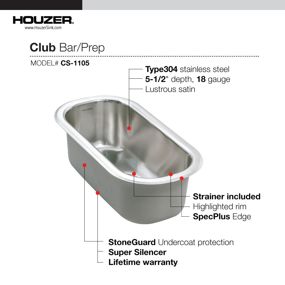Houzer Club 10 inch Stainless Steel Undermount Bar Sink with Strainer & Grid - 18 Gauge, CS-1105-C