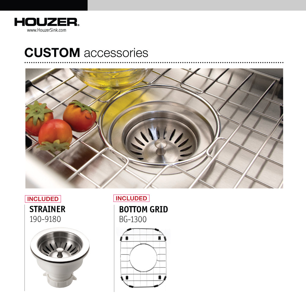 Houzer Club 13 inch Stainless Steel Undermount Bar Sink with Strainer & Grid - 18 Gauge, CS-1307-C