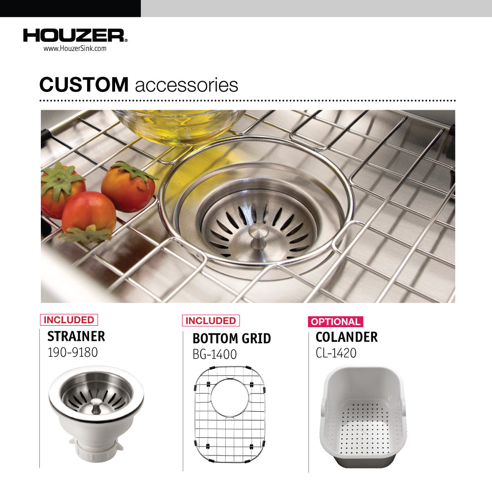 Houzer Club 14 inch Stainless Steel Undermount Medium Bowl Bar Sink with Strainer & Grid - 18 Gauge, CS-1407-C