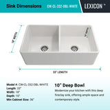 Crestwood 33" Fireclay Farmhouse Sink 50/50 Double Bowl, White, CW-CL-332-DBL-WHITE