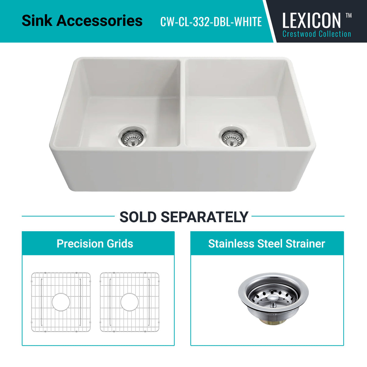 Crestwood 33" Fireclay Farmhouse Sink 50/50 Double Bowl, White, CW-CL-332-DBL-WHITE
