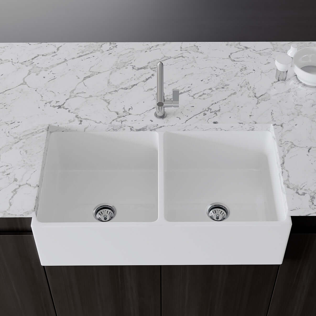 Alternate Image for Crestwood 36" Fireclay Farmhouse Sink 50/50 Double Bowl, White, CW-MOD-362-DBL-WHITE