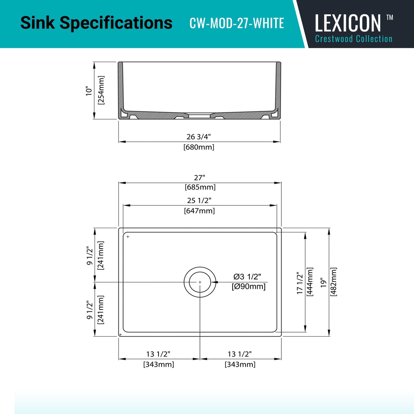 Crestwood 27" Fireclay Farmhouse Sink, White, CW-MOD-27-WHITE
