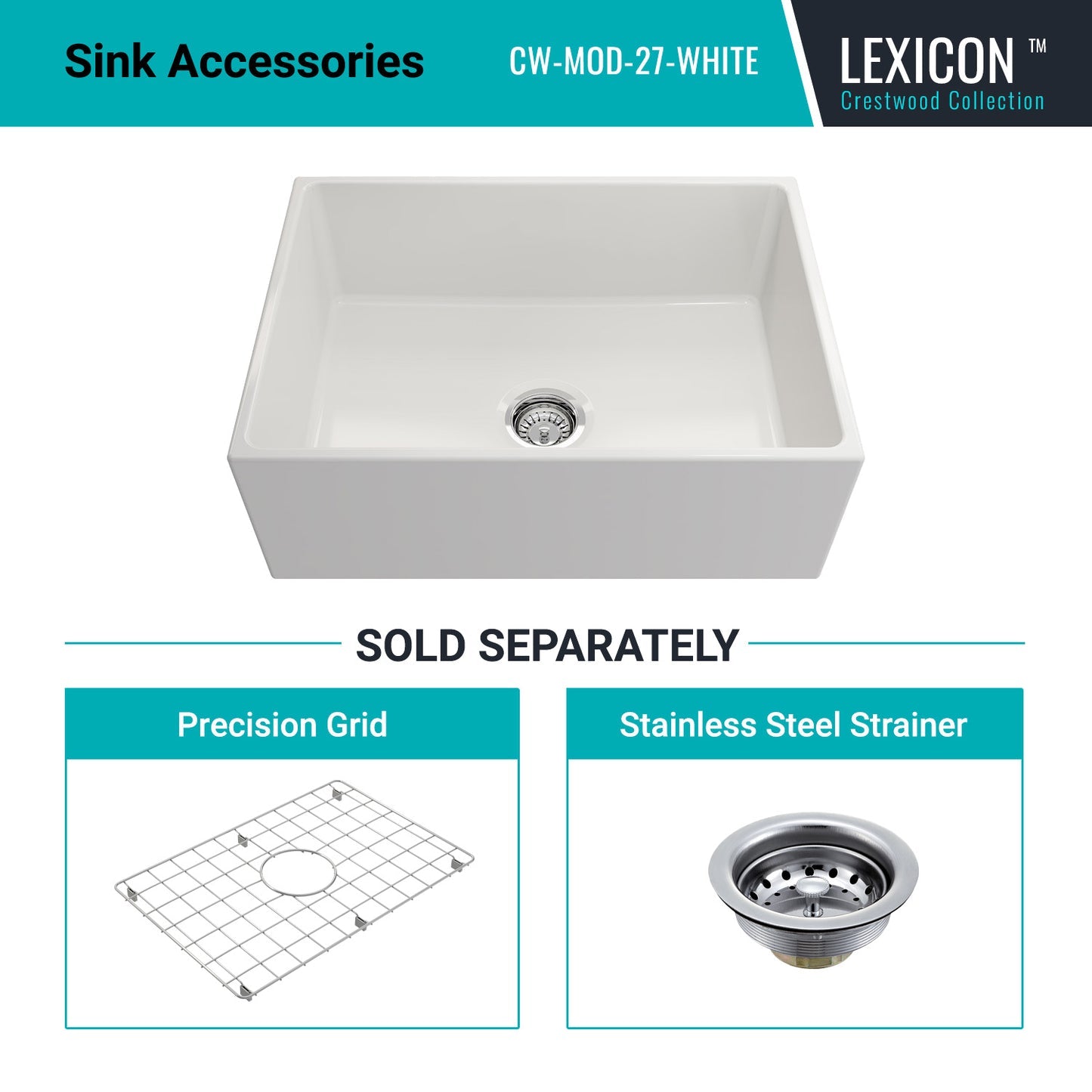 Crestwood 27" Fireclay Farmhouse Sink, White, CW-MOD-27-WHITE