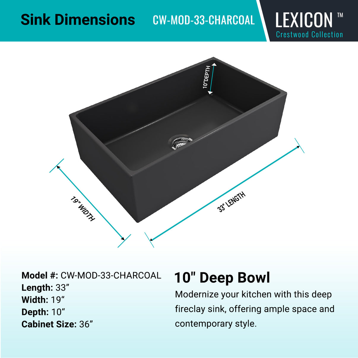 Crestwood 33" Fireclay Farmhouse Sink, Charcoal, CW-MOD-33-CHARCOAL