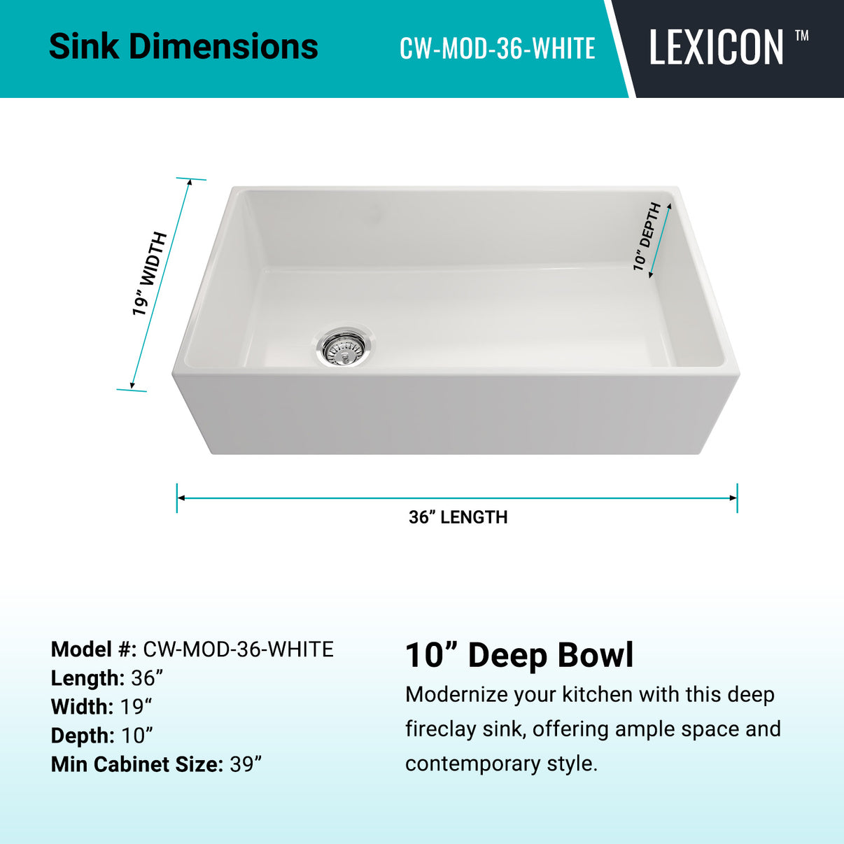 Crestwood 36" Fireclay Farmhouse Sink, White, CW-MOD-36-WHITE