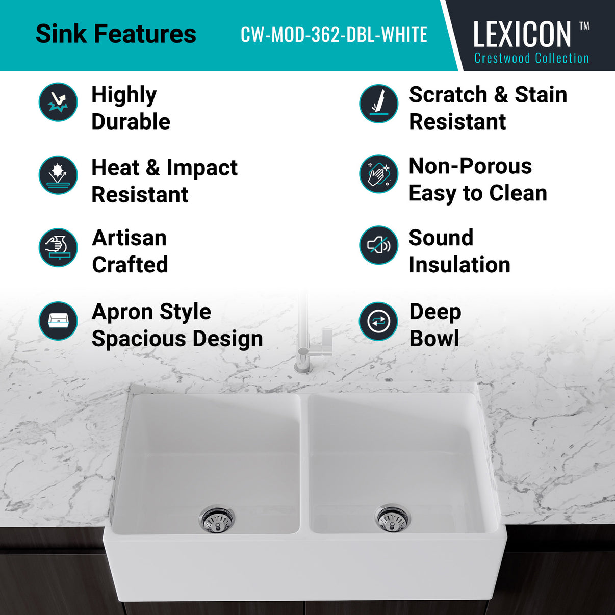 Crestwood 36" Fireclay Farmhouse Sink 50/50 Double Bowl, White, CW-MOD-362-DBL-WHITE