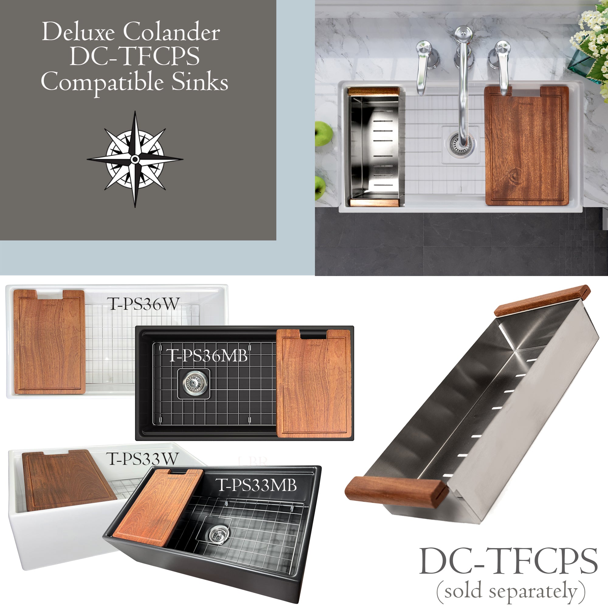 Nantucket Sinks Cape/Premium Accessories Stainless Steel, 20 Gauge, DC-TFCPS Deluxe Colander for Fireclay Workstation Farmhouse Sinks