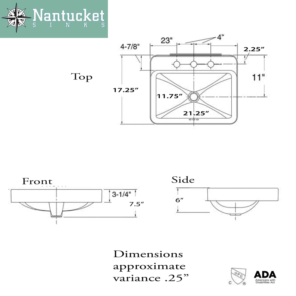 Nantucket Sinks Brant Point 23" Ceramic Bathroom Sink, White, DI-2317-R8