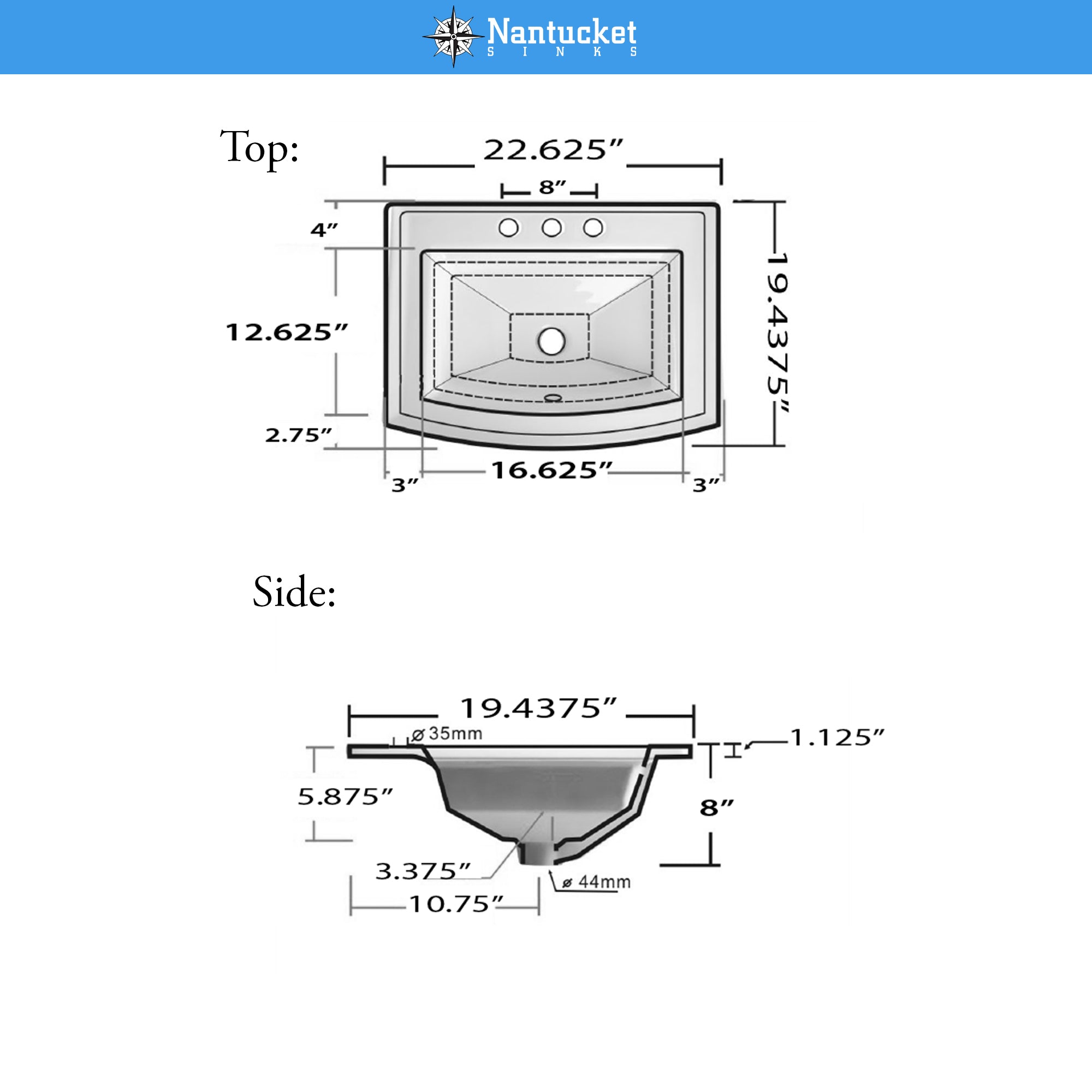 Nantucket Sinks Great Point 22.625" x 19.4375" Rectangular Drop In/Topmount Ceramic - Vitreous China ADA Bathroom Sink with Accessories, White, DI-2320-R8
