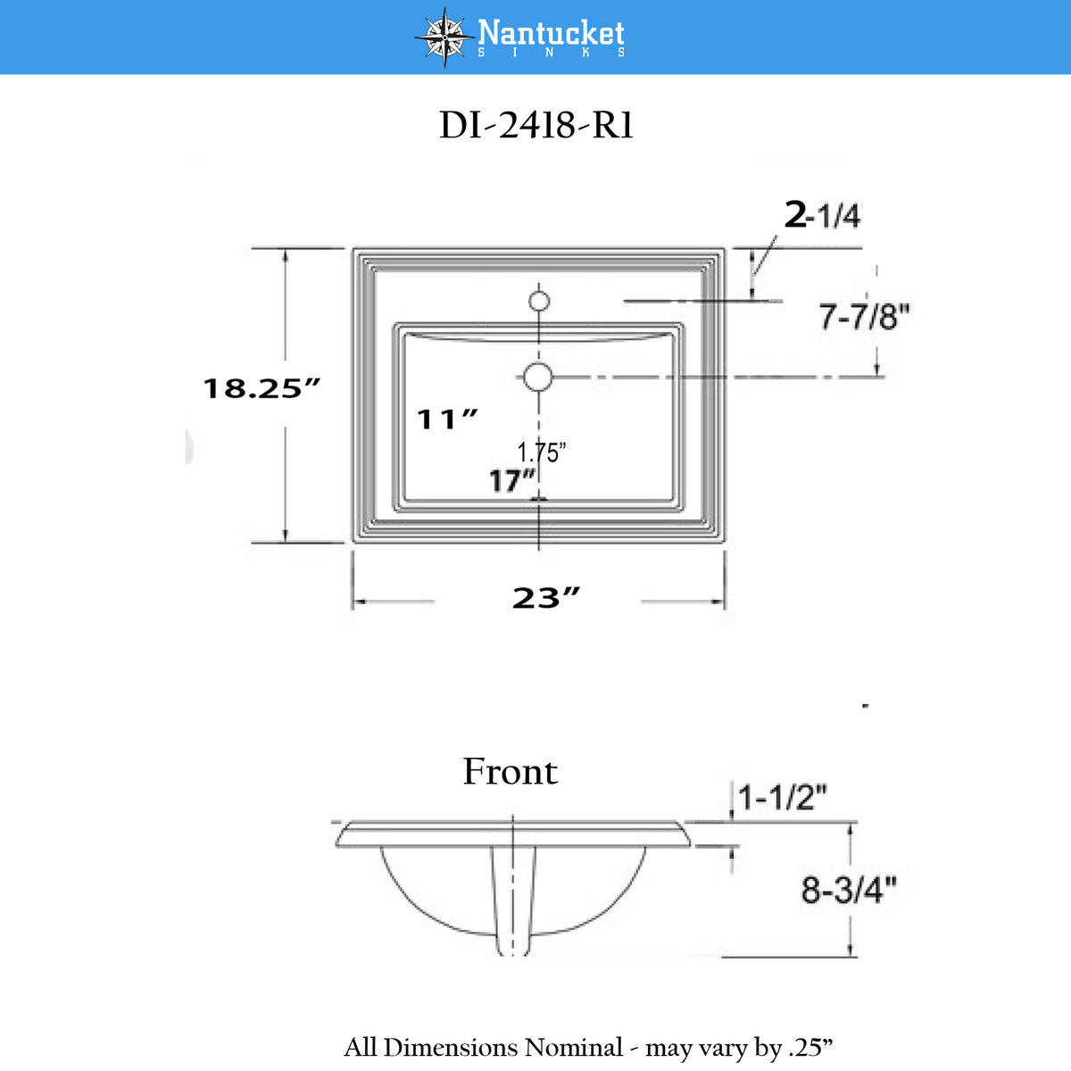 Nantucket Sinks Great Point 23" x 18.25" Rectangular Drop In/Topmount Ceramic - Vitreous China ADA Bathroom Sink, White, DI-2418-R1