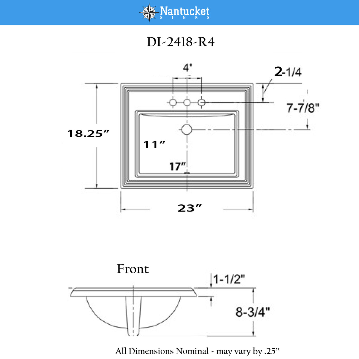Nantucket Sinks Great Point 23" x 18.25" x 8.75" Rectangular Drop In/Topmount Ceramic - Vitreous China Bathroom Sink, White, DI-2418-R4