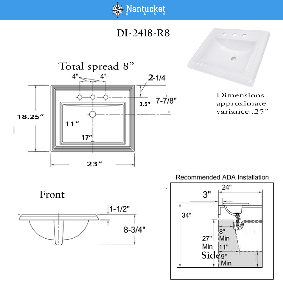 Nantucket Sinks Great Point 23" Ceramic Bathroom Sink, White, DI-2418-R8