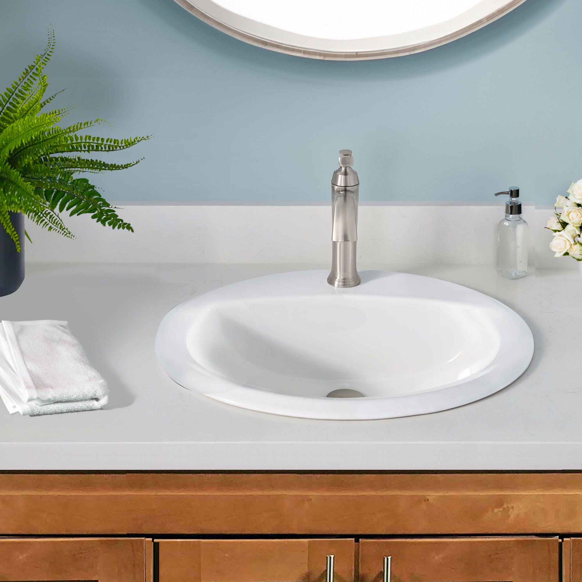 Nantucket Sinks Great Point 20.25" x 17.25" Oval Drop In/Topmount Ceramic - Vitreous China Bathroom Sink with Accessories, White, DI2017-1