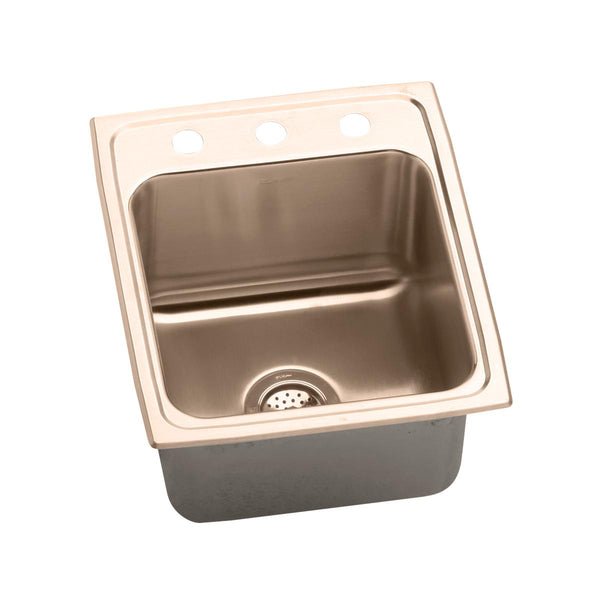 Elkay 17" Drop In/Topmount CuVerro Antimicrobial Copper Kitchen Sink, Lustrous Satin, 2 Faucet Holes, DLR1722102-CU