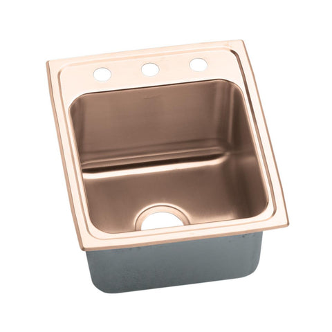 Elkay 17" Drop In/Topmount CuVerro Antimicrobial Copper Kitchen Sink, Lustrous Satin, 3 Faucet Holes, DLR1722103-CU