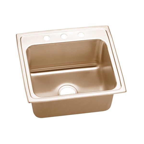 Elkay 22" Drop In/Topmount CuVerro Antimicrobial Copper Kitchen Sink, Lustrous Satin, 3 Faucet Holes, DLR2219103-CU