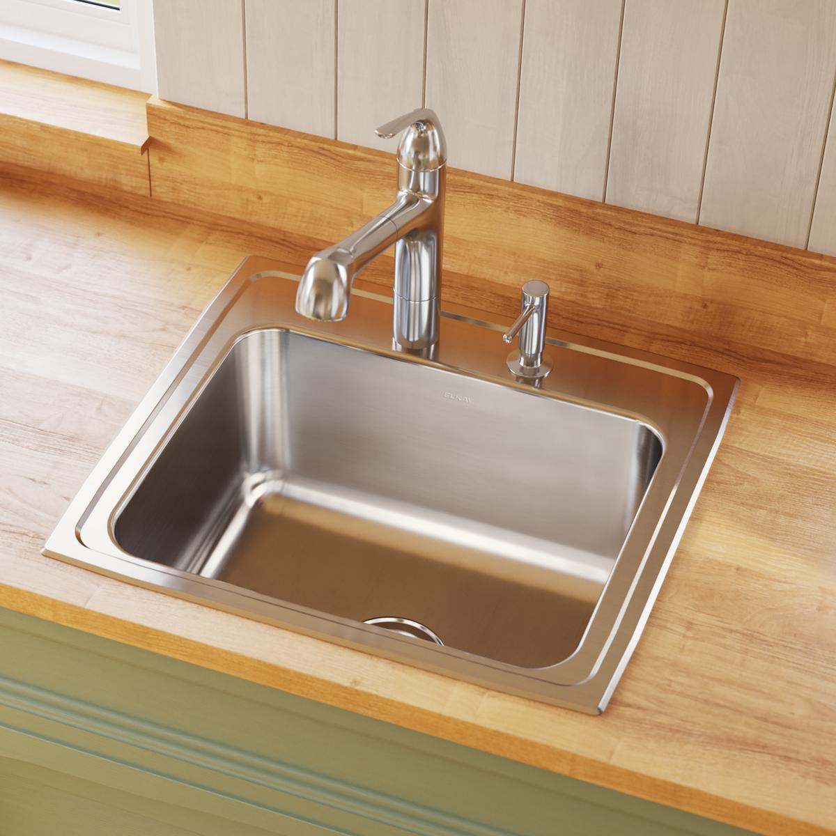 Elkay Lustertone Classic 22" Drop In/Topmount Stainless Steel Kitchen Sink, Lustrous Satin, 3 Faucet Holes, DLRQ2219103