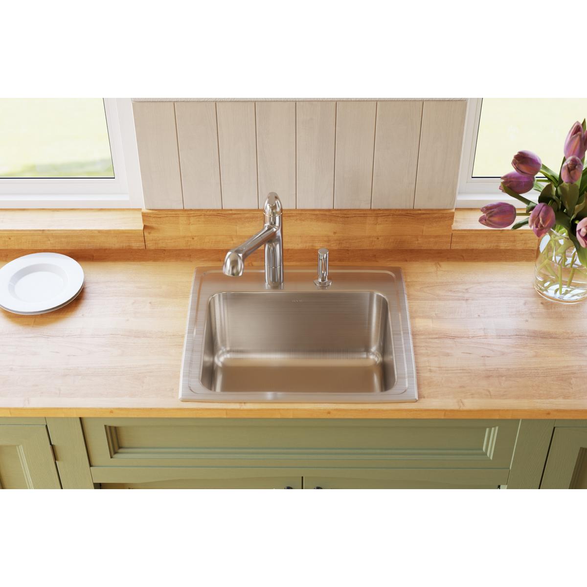 Elkay Lustertone Classic 22" Drop In/Topmount Stainless Steel Kitchen Sink, Lustrous Satin, No Faucet Hole, DLR221910PD0